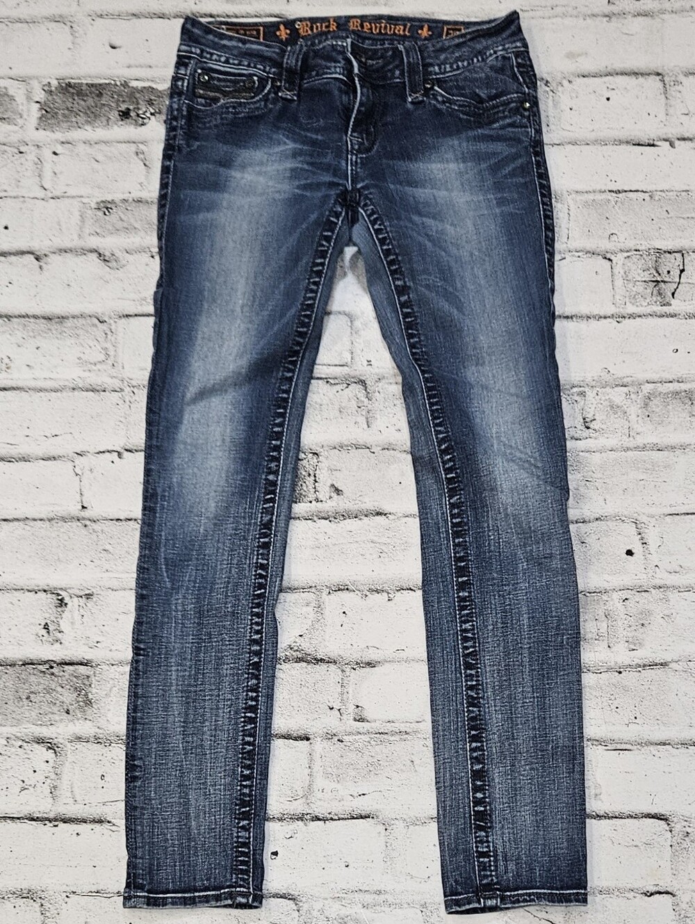Rock Revival Jen Skinny Jeans Size 28 Rhinestone Fleur De Lis Dark Wash